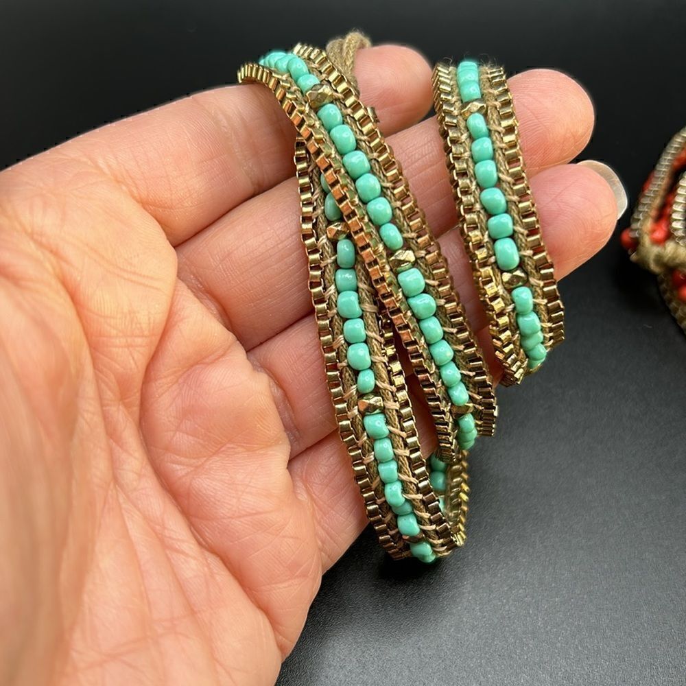 Set of‎ Two Leather Wrap Beaded Bracelets Gold Tone Turquoise & Coral - Picture 4 of 7